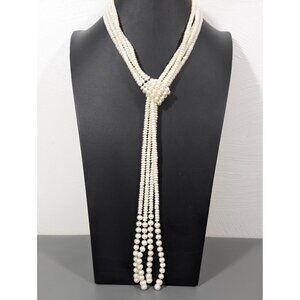 White Button Baroque Pearl Multi Strand Lariat Necklace Elegant Evening 20"